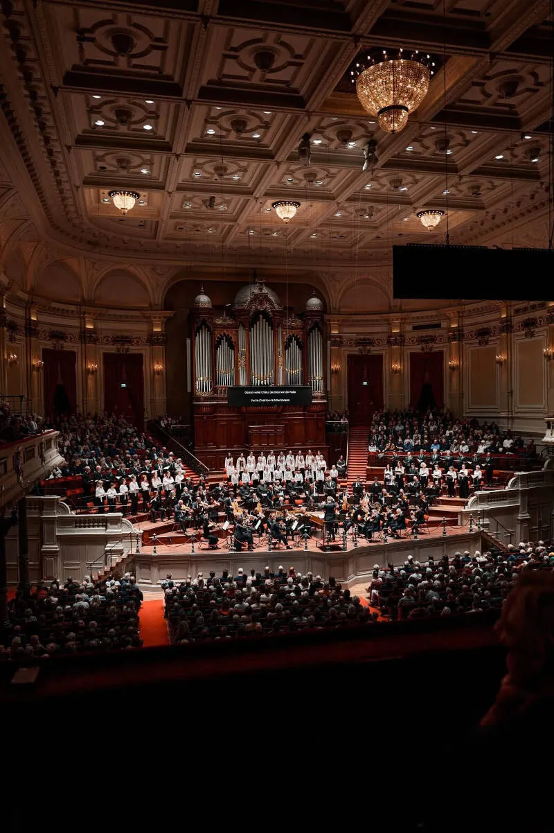 A full concert hall with choir and organ, seen from the back of the stalls